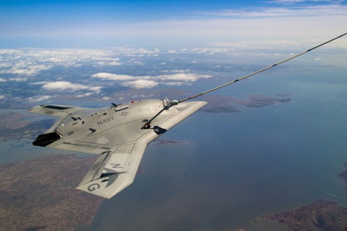 US Navy's X-47B, AV-2, Bureau # 168064, of Air Test and Evaluation Squadron Two Three (VX-23), conduct Air-to-Air Refueling (AAR) over the Chesapeake Bay on 16 April 2015.  VX-23 is part of the Naval Test Wing Atlantic in Naval Air Station Patuxent River,