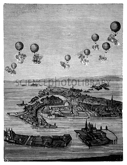 Balloons bombing Venice. 19th-century illustration of balloons being used to bomb the city of Venice on 22 August 1849. Venice, then part of the Austrian Empire, had declared independence in 1848. The city was besieged by Austrian forces. In this attack, the second of two balloon bombings, around 200 unmanned balloons, each six metres in diameter and on half-hour fuses were used. They were largely ineffective, though the Venetians surrendered two days later. Artwork from 'Aerostation - Aviation' (1911) by French civil engineer Max de Nansouty (1854-1913), part of the 'Les merveilles de la science' series of 1867-1891 by Louis Figuier.