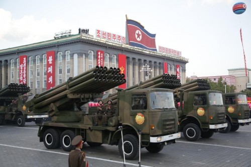 Military equipment is paraded in Pyongyang, North Korea, Saturday, Oct. 10, 2015. North Korean leader Kim Jong Un declared Saturday that his country was ready to stand up to any threat posed by the United States as he spoke at a lavish military parade to mark the 70th anniversary of the North's ruling party and trumpet his third-generation leadership. (AP Photo/Maye-E Wong)