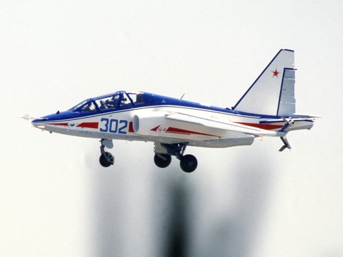 A Soviet Su-25UT Frogfoot aircraft prepares to land after a flight demonstratin at the 38th Paris International Air and Space Show at Le Bourget Airfield.