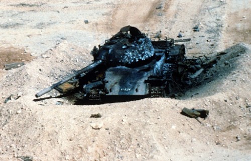 Iraqi tank destroyed by aerial bomb