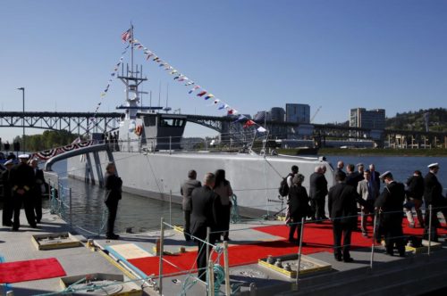 The autonomous ship "Sea Hunter", developed by DARPA, is shown docked in Portland, Oregon after its christening ceremony April 7, 2016. REUTERS/Steve Dipaola