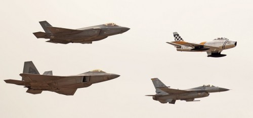 The F-35 Lightning II flies in formation with the F-22 Raptor, F-16 Viper and F-86 Sabre during the Heritage Flight Conference at Davis Monthan Air Force Base in Tucson, Ariz., March 4-6, 2016. The F-35 heritage flight team from Luke Air Force Base, Ariz. is the first F-35 team to participate in the Heritage Flight Program. The program features modern USAF fighter aircraft flying alongside World War II, Korean and Vietnam era aircraft in a dynamic display of our nation's air power history. (U.S. Air Force photo by Staff Sgt. Staci Miller)